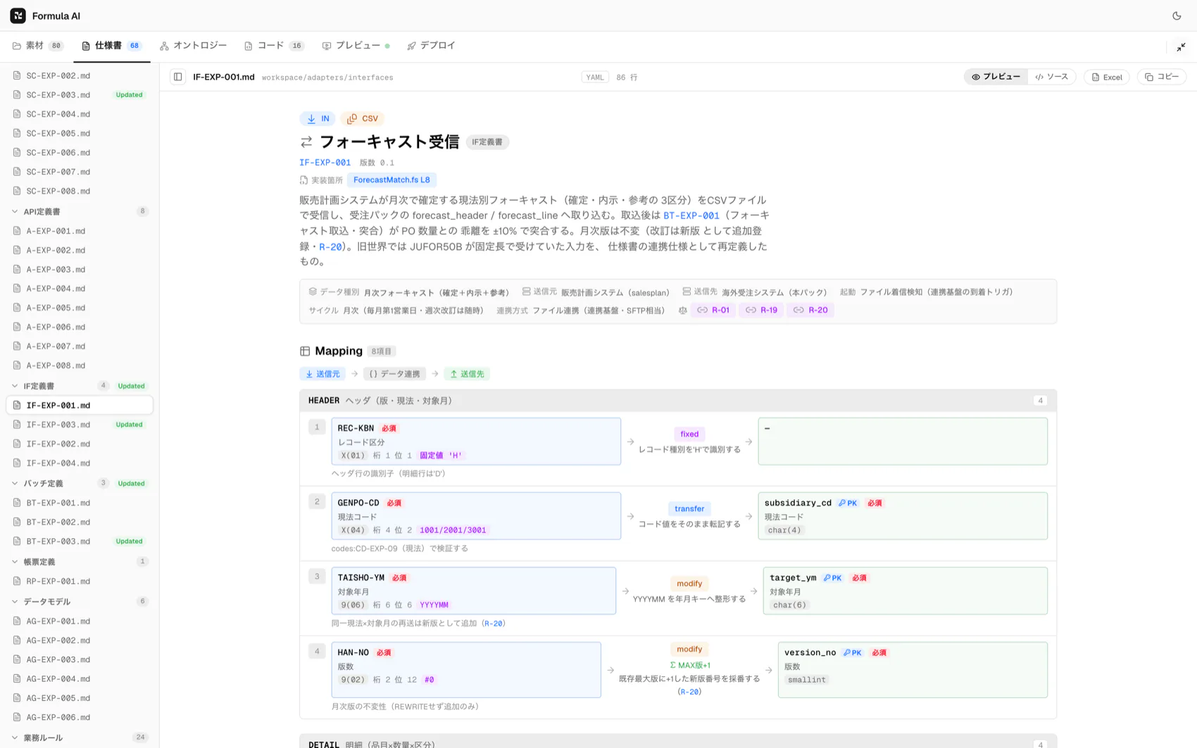 IF定義書のサンプル。固定長ファイルからカラムへのマッピング変換図