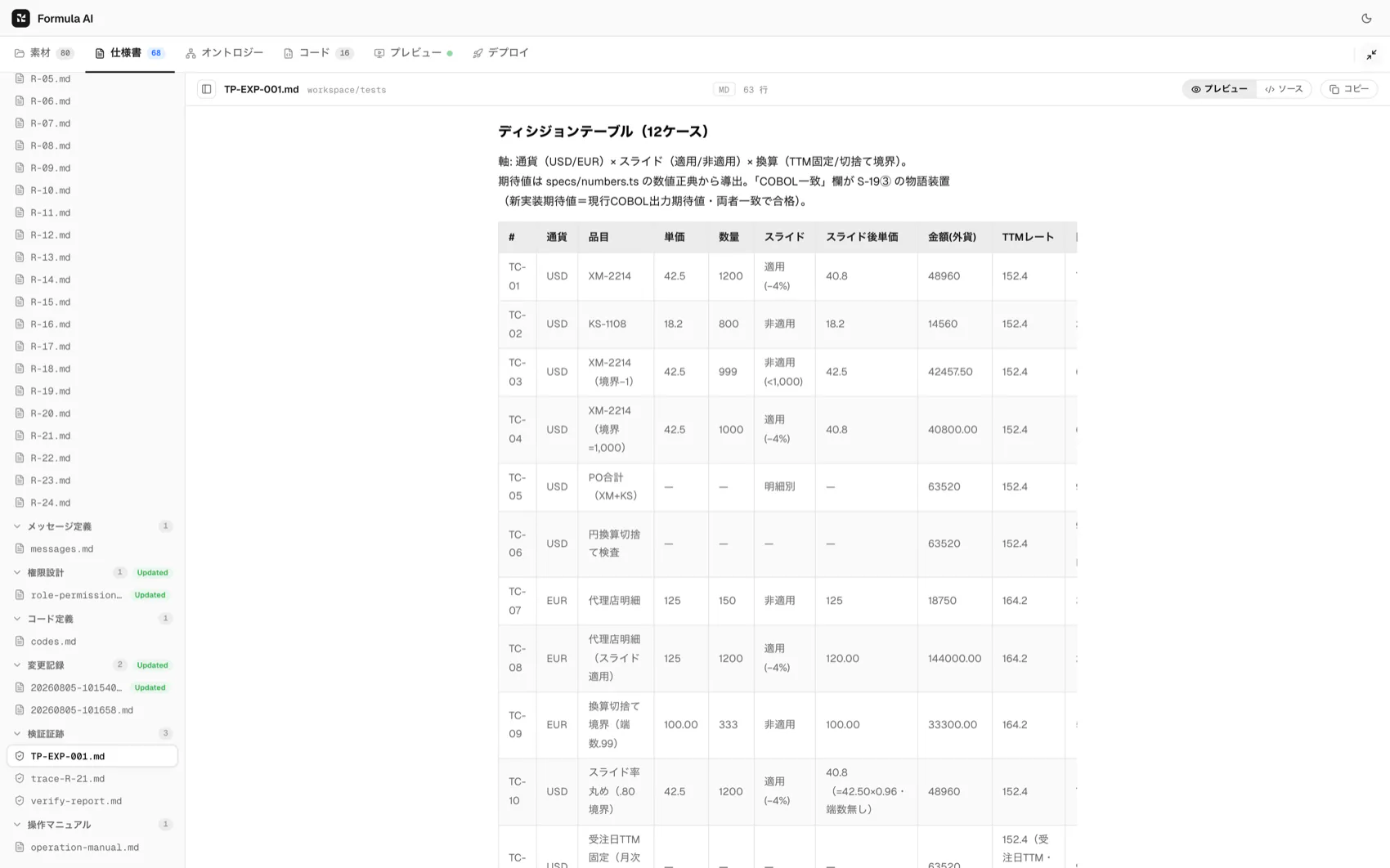 テスト仕様のサンプル。テストケースの一覧表と判定基準