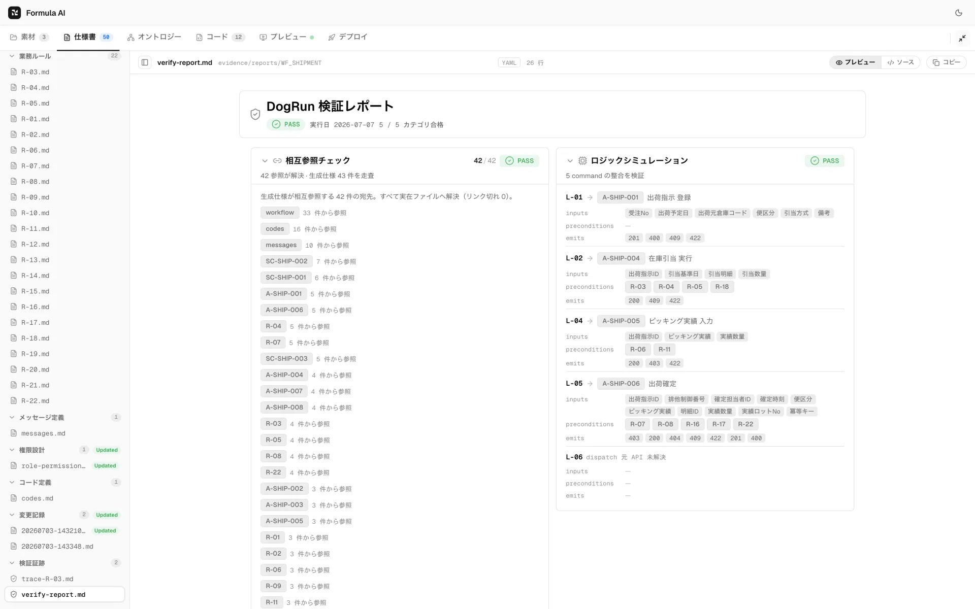 検証レポート。相互参照チェック42件とロジックシミュレーションの結果がすべてPASS